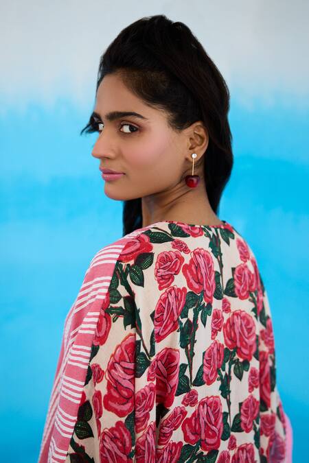 Nikasha Pink Cotton Tassels V-neck Striped High-low Kaftan at Aza Fashions Nikasha_Pink Cotton Tassels V-neck Striped High-low Kaftan _at_Aza_Fashions