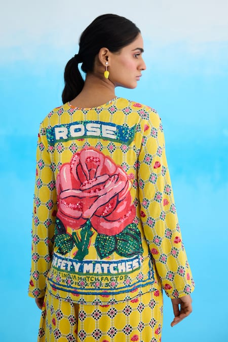 Shop_Nikasha_Yellow Modal, Satin Sequins, Beads Plunge Neck Rose Embroidered Short Tunic _at_Aza_Fashions