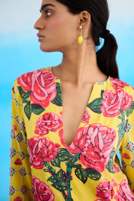 Buy_Nikasha_Yellow Modal, Satin Sequins, Beads Plunge Neck Rose Embroidered Short Tunic _Online_at_Aza_Fashions