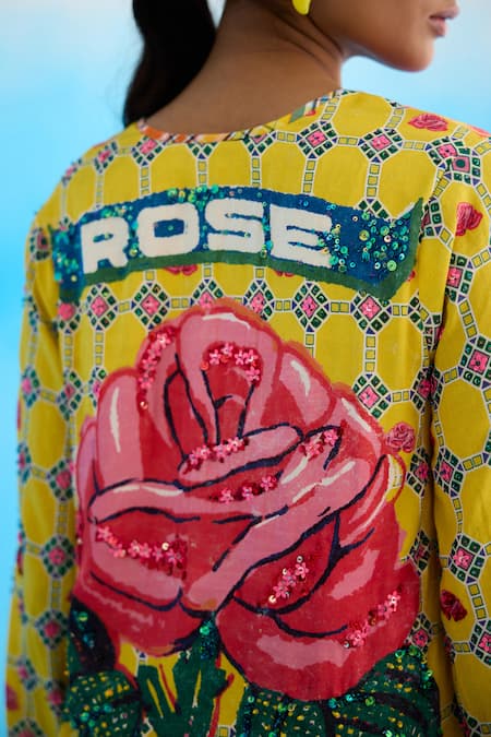 Shop_Nikasha_Yellow Modal, Satin Sequins, Beads Plunge Neck Rose Embroidered Short Tunic _Online_at_Aza_Fashions