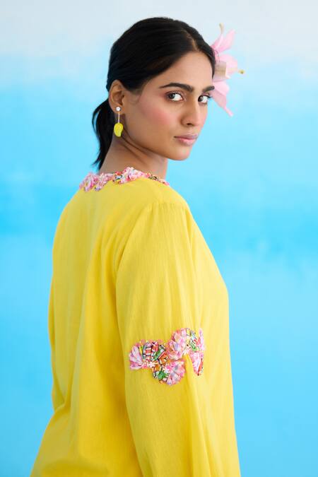 Buy Nikasha Yellow Cotton Embroidery Plunge Neck Ribbon Tunic Online at Aza Fashions Buy_Nikasha_Yellow Cotton Embroidery Plunge Neck Ribbon Tunic _Online_at_Aza_Fashions