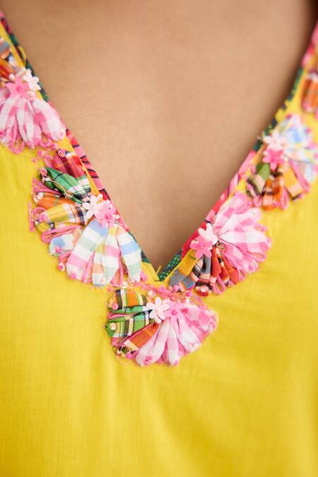 Shop Nikasha Yellow Cotton Embroidery Plunge Neck Ribbon Tunic Online at Aza Fashions Shop_Nikasha_Yellow Cotton Embroidery Plunge Neck Ribbon Tunic _Online_at_Aza_Fashions