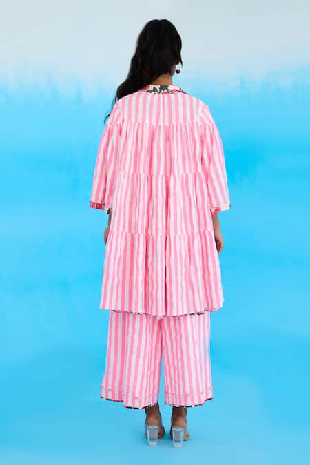 Shop Nikasha Pink Cotton, Modal Beads, Embroidery Collared Candy Striped Reversible Jacket at Aza Fashions Shop_Nikasha_Pink Cotton, Modal Beads, Embroidery Collared Candy Striped Reversible Jacket _at_Aza_Fashions