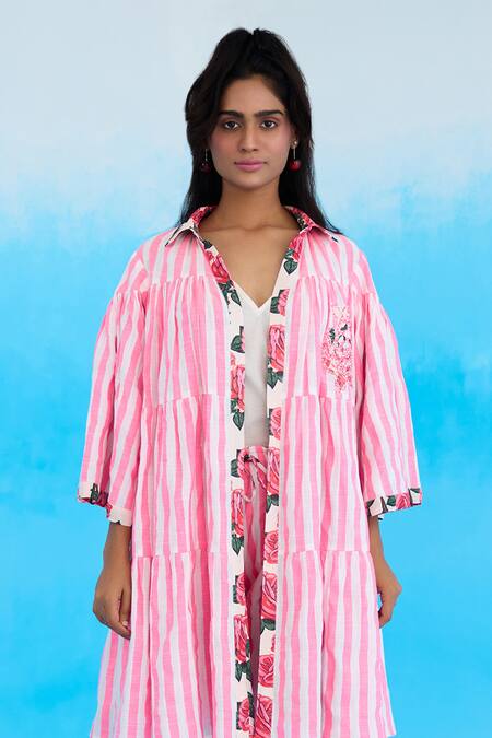 Nikasha Pink Cotton, Modal Beads, Embroidery Collared Candy Striped Reversible Jacket Online at Aza Fashions Nikasha_Pink Cotton, Modal Beads, Embroidery Collared Candy Striped Reversible Jacket _Online_at_Aza_Fashions