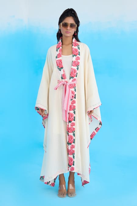 Nikasha_Cream Cotton Embroidery Shawl Neck Vintage Rose Border Striped Jacket _Online_at_Aza_Fashions