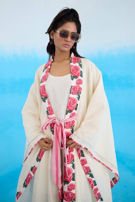 Shop_Nikasha_Cream Cotton Embroidery Shawl Neck Vintage Rose Border Striped Jacket _Online_at_Aza_Fashions
