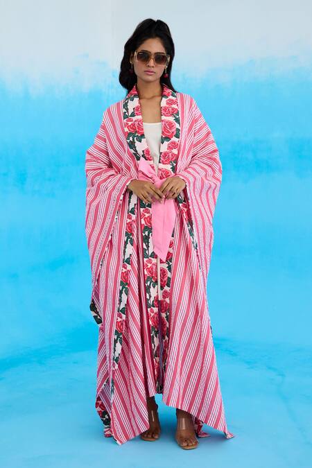 Nikasha_Pink Cotton Striped Cape _Online_at_Aza_Fashions