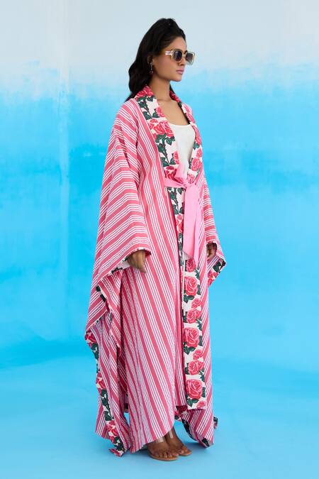 Buy_Nikasha_Pink Cotton Striped Cape _Online_at_Aza_Fashions