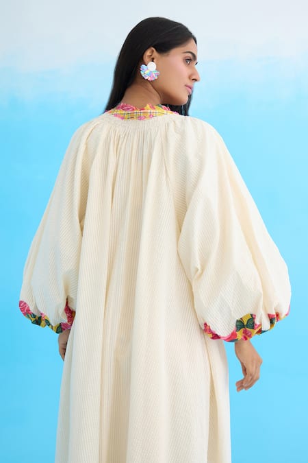 Shop Nikasha Cream Cotton Sequins Open Neck Bubble Sleeve Jacket at Aza Fashions Shop_Nikasha_Cream Cotton Sequins Open Neck Bubble Sleeve Jacket _at_Aza_Fashions