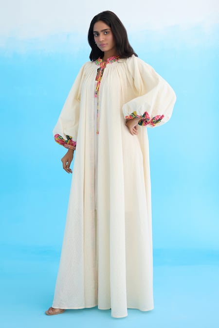 Nikasha Cream Cotton Sequins Open Neck Bubble Sleeve Jacket Online at Aza Fashions Nikasha_Cream Cotton Sequins Open Neck Bubble Sleeve Jacket _Online_at_Aza_Fashions