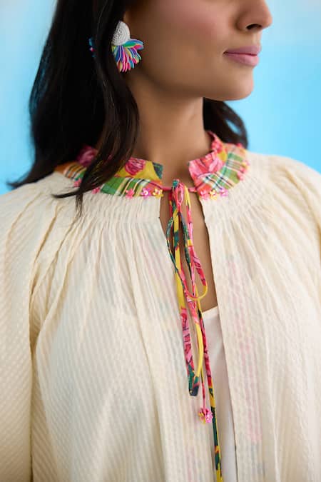 Buy Nikasha Cream Cotton Sequins Open Neck Bubble Sleeve Jacket Online at Aza Fashions Buy_Nikasha_Cream Cotton Sequins Open Neck Bubble Sleeve Jacket _Online_at_Aza_Fashions