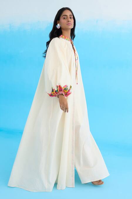 Shop Nikasha Cream Cotton Sequins Open Neck Bubble Sleeve Jacket Online at Aza Fashions Shop_Nikasha_Cream Cotton Sequins Open Neck Bubble Sleeve Jacket _Online_at_Aza_Fashions