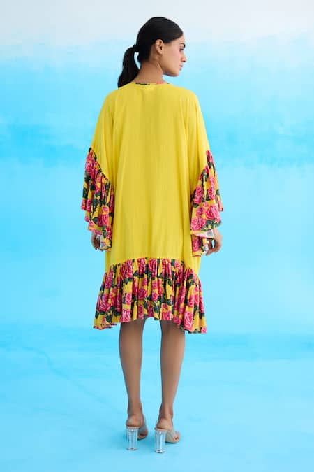 Shop Nikasha Yellow Cotton Ruffles Round Neck Rose Print Frill Jacket Dress at Aza Fashions Shop_Nikasha_Yellow Cotton Ruffles Round Neck Rose Print Frill Jacket Dress _at_Aza_Fashions