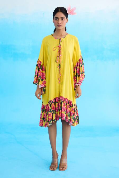 Nikasha Yellow Cotton Ruffles Round Neck Rose Print Frill Jacket Dress Online at Aza Fashions Nikasha_Yellow Cotton Ruffles Round Neck Rose Print Frill Jacket Dress _Online_at_Aza_Fashions