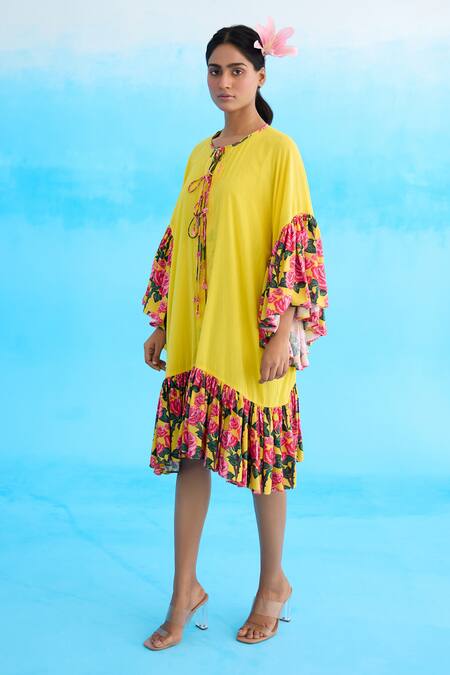 Buy Nikasha Yellow Cotton Ruffles Round Neck Rose Print Frill Jacket Dress Online at Aza Fashions Buy_Nikasha_Yellow Cotton Ruffles Round Neck Rose Print Frill Jacket Dress _Online_at_Aza_Fashions