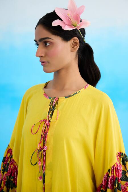 Shop Nikasha Yellow Cotton Ruffles Round Neck Rose Print Frill Jacket Dress Online at Aza Fashions Shop_Nikasha_Yellow Cotton Ruffles Round Neck Rose Print Frill Jacket Dress _Online_at_Aza_Fashions