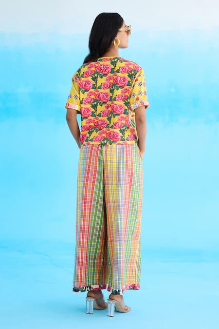 Shop Nikasha Multi Color Cotton Sequins Madras Checkered Wide Leg Pant at Aza Fashions Shop_Nikasha_Multi Color Cotton Sequins Madras Checkered Wide Leg Pant _at_Aza_Fashions