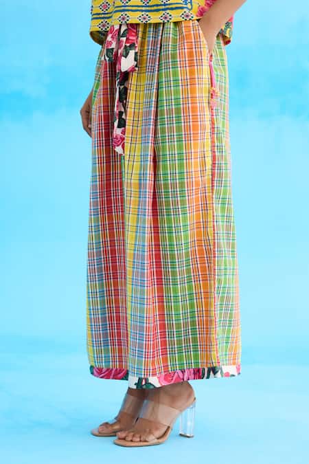 Nikasha Multi Color Cotton Sequins Madras Checkered Wide Leg Pant Online at Aza Fashions Nikasha_Multi Color Cotton Sequins Madras Checkered Wide Leg Pant _Online_at_Aza_Fashions
