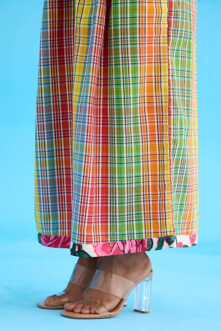 Shop Nikasha Multi Color Cotton Sequins Madras Checkered Wide Leg Pant Online at Aza Fashions Shop_Nikasha_Multi Color Cotton Sequins Madras Checkered Wide Leg Pant _Online_at_Aza_Fashions