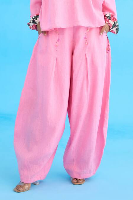Nikasha_Pink Cotton, Linen Sequins, Embroidery Rose Baggy Pant _Online_at_Aza_Fashions