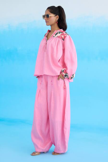 Buy_Nikasha_Pink Cotton, Linen Sequins, Embroidery Rose Baggy Pant _Online_at_Aza_Fashions