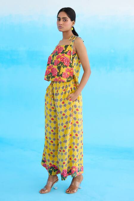 Nikasha Yellow Cotton Sequins Diamond Pattern Wide Leg Pant Online at Aza Fashions Nikasha_Yellow Cotton Sequins Diamond Pattern Wide Leg Pant _Online_at_Aza_Fashions