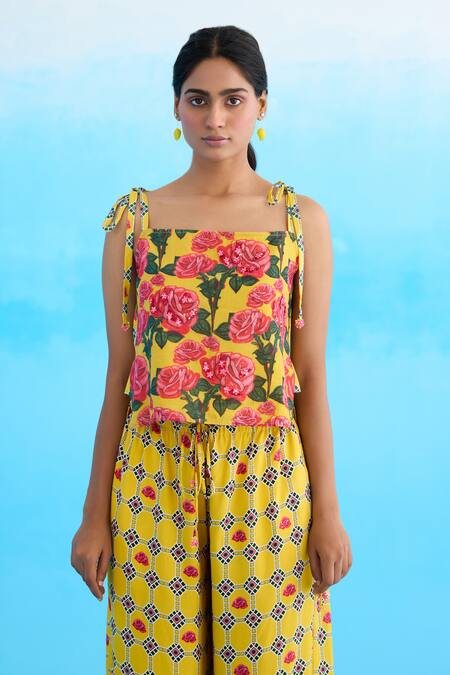 Shop Nikasha Yellow Cotton Sequins Diamond Pattern Wide Leg Pant Online at Aza Fashions Shop_Nikasha_Yellow Cotton Sequins Diamond Pattern Wide Leg Pant _Online_at_Aza_Fashions