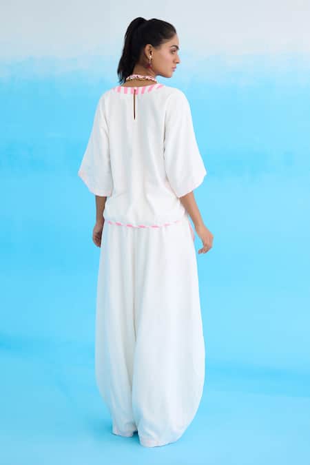 Shop_Nikasha_White Cotton, Rayon Sequins Candy Striped Baggy Pant _at_Aza_Fashions