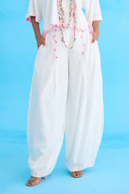Nikasha_White Cotton, Rayon Sequins Candy Striped Baggy Pant _Online_at_Aza_Fashions