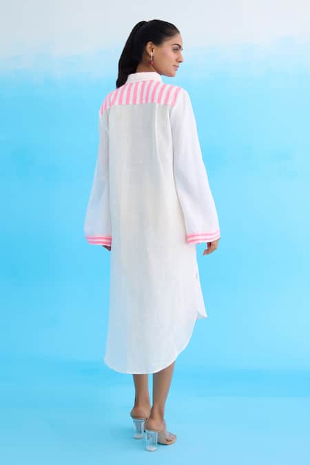 Shop Nikasha White Cotton, Linen Tassels Collared Candy Striped Shirt Dress at Aza Fashions Shop_Nikasha_White Cotton, Linen Tassels Collared Candy Striped Shirt Dress _at_Aza_Fashions