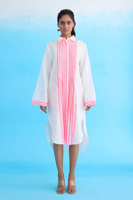 Nikasha White Cotton, Linen Tassels Collared Candy Striped Shirt Dress Online at Aza Fashions Nikasha_White Cotton, Linen Tassels Collared Candy Striped Shirt Dress _Online_at_Aza_Fashions