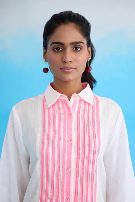 Shop Nikasha White Cotton, Linen Tassels Collared Candy Striped Shirt Dress Online at Aza Fashions Shop_Nikasha_White Cotton, Linen Tassels Collared Candy Striped Shirt Dress _Online_at_Aza_Fashions