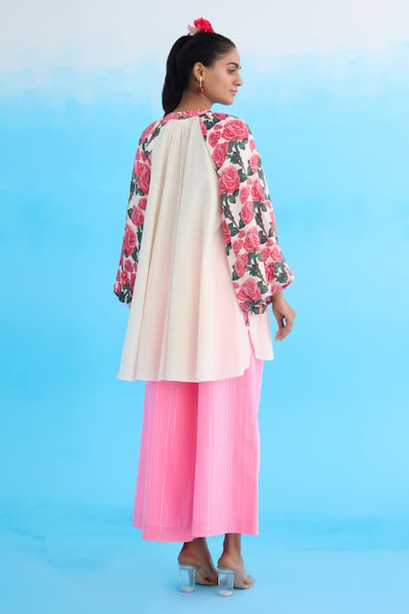 Shop Nikasha Cream Cotton Embroidery Bandeau Neck Bubble Sleeve Raglan Shirt at Aza Fashions Shop_Nikasha_Cream Cotton Embroidery Bandeau Neck Bubble Sleeve Raglan Shirt _at_Aza_Fashions