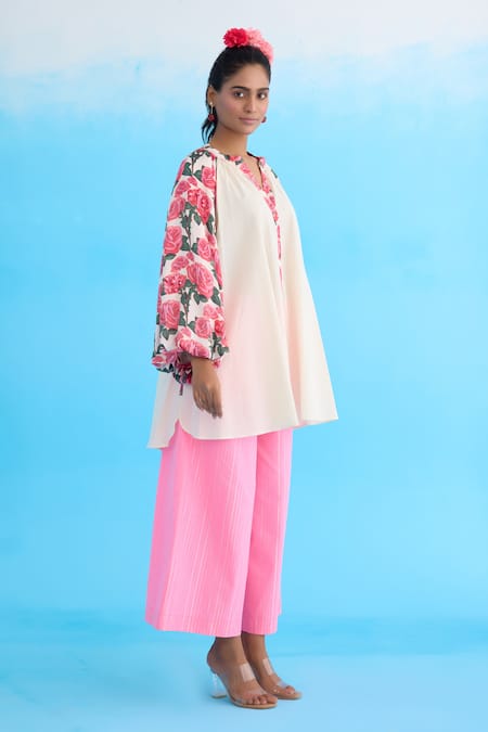 Nikasha Cream Cotton Embroidery Bandeau Neck Bubble Sleeve Raglan Shirt Online at Aza Fashions Nikasha_Cream Cotton Embroidery Bandeau Neck Bubble Sleeve Raglan Shirt _Online_at_Aza_Fashions