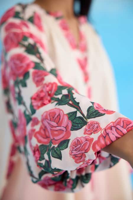 Shop Nikasha Cream Cotton Embroidery Bandeau Neck Bubble Sleeve Raglan Shirt Online at Aza Fashions Shop_Nikasha_Cream Cotton Embroidery Bandeau Neck Bubble Sleeve Raglan Shirt _Online_at_Aza_Fashions