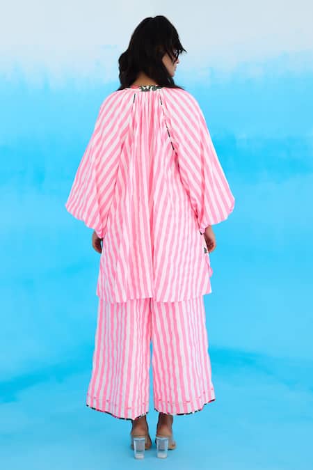 Shop Nikasha Pink Cotton, Linen Embroidery Bandeau Neck Candy Striped Raglan Shirt at Aza Fashions Shop_Nikasha_Pink Cotton, Linen Embroidery Bandeau Neck Candy Striped Raglan Shirt _at_Aza_Fashions