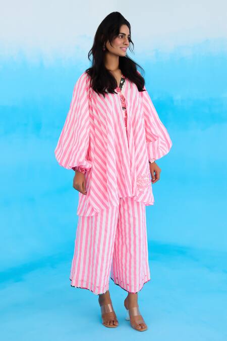 Nikasha Pink Cotton, Linen Embroidery Bandeau Neck Candy Striped Raglan Shirt Online at Aza Fashions Nikasha_Pink Cotton, Linen Embroidery Bandeau Neck Candy Striped Raglan Shirt _Online_at_Aza_Fashions