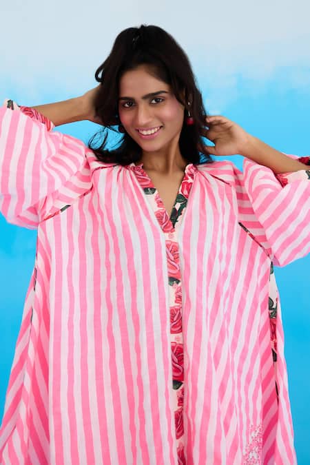 Buy Nikasha Pink Cotton, Linen Embroidery Bandeau Neck Candy Striped Raglan Shirt Online at Aza Fashions Buy_Nikasha_Pink Cotton, Linen Embroidery Bandeau Neck Candy Striped Raglan Shirt _Online_at_Aza_Fashions