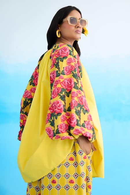 Shop Nikasha Yellow Cotton Sequins Bandeau Neck Rose Print Bubble Sleeve Raglan Shirt at Aza Fashions Shop_Nikasha_Yellow Cotton Sequins Bandeau Neck Rose Print Bubble Sleeve Raglan Shirt _at_Aza_Fashions