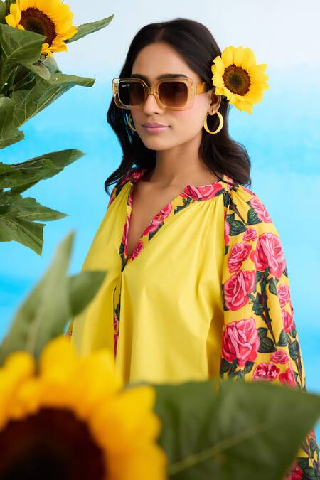 Nikasha Yellow Cotton Sequins Bandeau Neck Rose Print Bubble Sleeve Raglan Shirt at Aza Fashions Nikasha_Yellow Cotton Sequins Bandeau Neck Rose Print Bubble Sleeve Raglan Shirt _at_Aza_Fashions