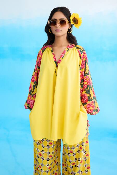Buy Nikasha Yellow Cotton Sequins Bandeau Neck Rose Print Bubble Sleeve Raglan Shirt Buy_Nikasha_Yellow Cotton Sequins Bandeau Neck Rose Print Bubble Sleeve Raglan Shirt