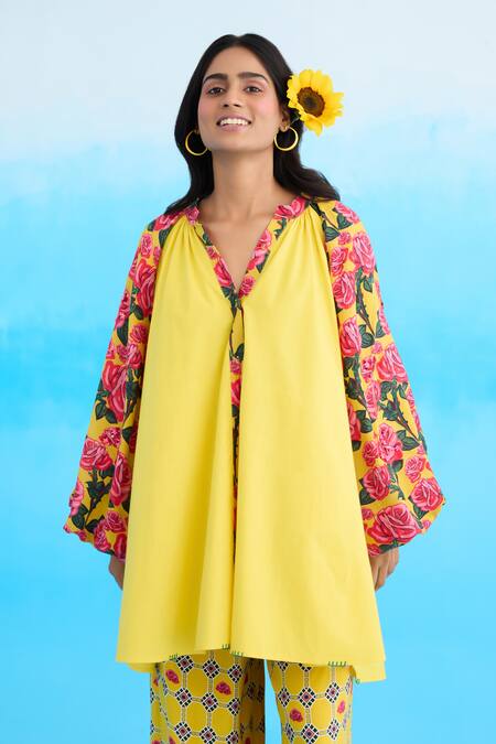 Shop Nikasha Yellow Cotton Sequins Bandeau Neck Rose Print Bubble Sleeve Raglan Shirt Shop_Nikasha_Yellow Cotton Sequins Bandeau Neck Rose Print Bubble Sleeve Raglan Shirt