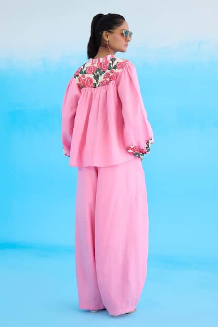 Shop Nikasha Pink Cotton, Linen Embroidery Bandeau Neck Rose Bubble Sleeve Top at Aza Fashions Shop_Nikasha_Pink Cotton, Linen Embroidery Bandeau Neck Rose Bubble Sleeve Top _at_Aza_Fashions