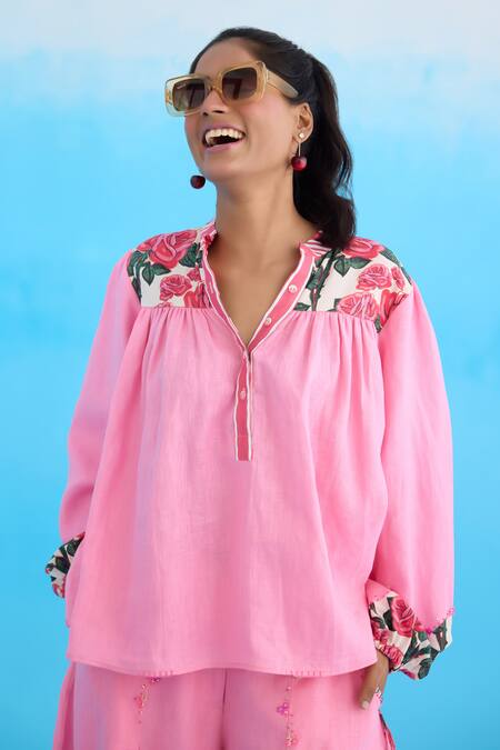Shop Nikasha Pink Cotton, Linen Embroidery Bandeau Neck Rose Bubble Sleeve Top Online at Aza Fashions Shop_Nikasha_Pink Cotton, Linen Embroidery Bandeau Neck Rose Bubble Sleeve Top _Online_at_Aza_Fashions