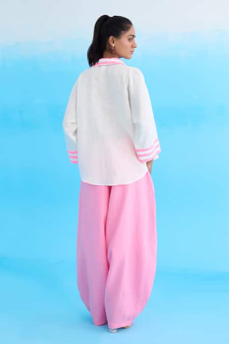 Shop Nikasha White Cotton, Linen Sequins Collared Placed Candy Striped Top at Aza Fashions Shop_Nikasha_White Cotton, Linen Sequins Collared Placed Candy Striped Top _at_Aza_Fashions