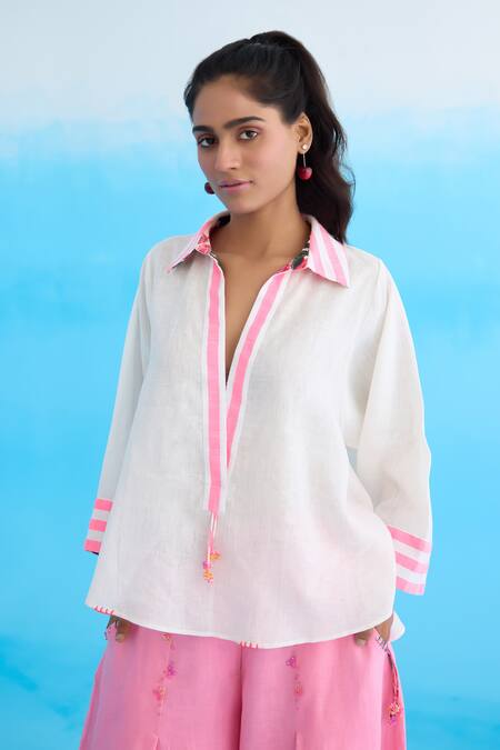 Nikasha White Cotton, Linen Sequins Collared Placed Candy Striped Top Online at Aza Fashions Nikasha_White Cotton, Linen Sequins Collared Placed Candy Striped Top _Online_at_Aza_Fashions