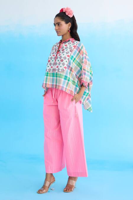 Nikasha_Blue Cotton Sequins, Beads Bandeau Neck Madras Checkered High-low Top _Online_at_Aza_Fashions