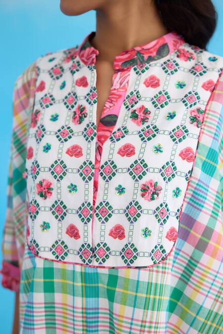 Buy_Nikasha_Blue Cotton Sequins, Beads Bandeau Neck Madras Checkered High-low Top _Online_at_Aza_Fashions