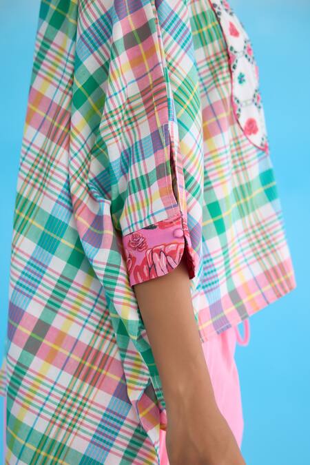 Shop_Nikasha_Blue Cotton Sequins, Beads Bandeau Neck Madras Checkered High-low Top _Online_at_Aza_Fashions