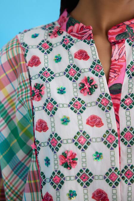 Nikasha_Blue Cotton Sequins, Beads Bandeau Neck Madras Checkered High-low Top _at_Aza_Fashions